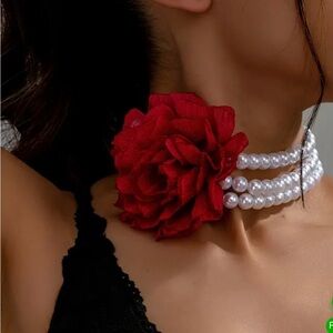 Elegant Pearl Choker with Red Rose